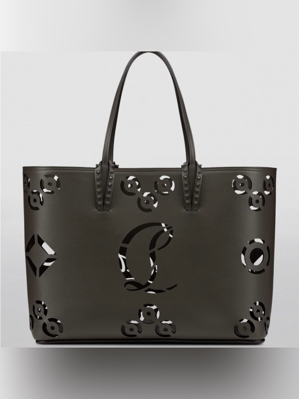Christian Louboutin Gunmetal Laser-Cut Leather Tote W/ Red Signature Bottom NWT
